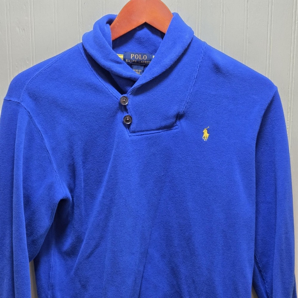 Polo Ralph Lauren Sweater Boys 10-12 Blue Shawl Collar Button Pullover Cotton‎